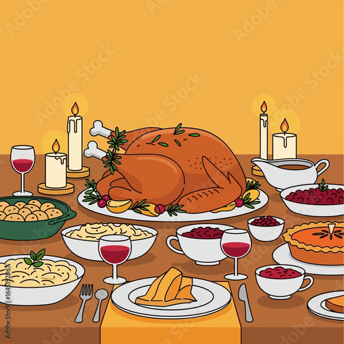 A lavish Thanksgiving feast, complete with roasted turkey, side dishes, and wine, is beautifully arranged on a table adorned with candles.
