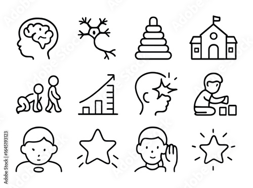 Developmental Learning Icons. Outline icon set of developmental learning: child brain, growing neuron, early
