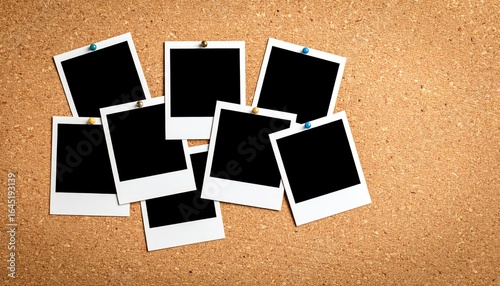 Polaroid Memories: A cluster of empty polaroid pictures pinned against a textured corkboard, inviting viewers to envision personal stories, memories, and cherished moments.