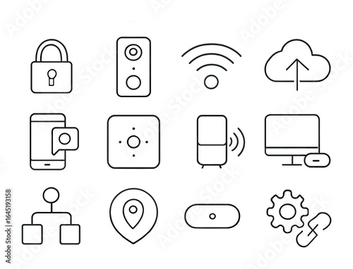 Smart Home Security Icons. Outline icon set of smart home security: smart lock, video doorbell, Wi-Fi signal,