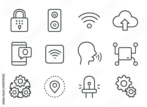 Smart Home Security Icons. Outline icon set of smart home security: smart lock, video doorbell, Wi-Fi signal,