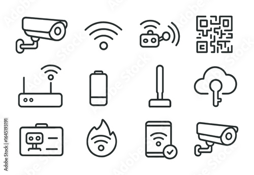 Wireless Camera Icons. Outline icon set of wireless camera setup: Wi-Fi camera, signal icon, pairing mode, QR