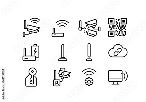 Wireless Camera Icons. Outline icon set of wireless camera setup: Wi-Fi camera, signal icon, pairing mode, QR