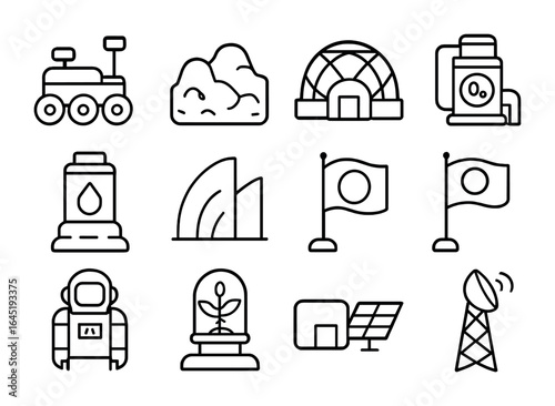 Mars Colony Icons. Outline icon set of Mars colonization: Mars rover, red terrain, settlement dome, oxygen