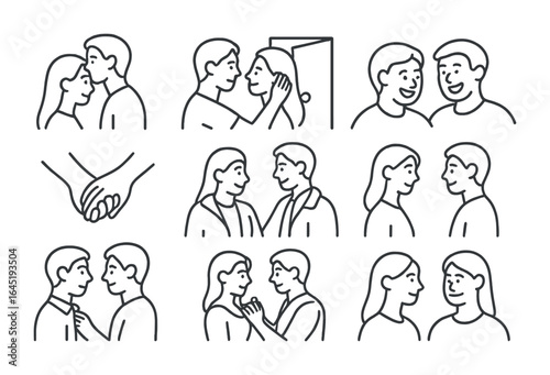 Mindful Love Icons. Outline icon set of mindful love gestures: forehead kiss, hair tuck, holding door, shared
