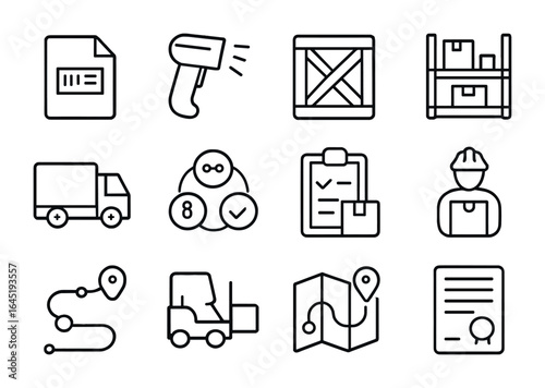 Logistics Icons Set. Outline icon set of logistics and freight delivery: shipping label, barcode scanner,