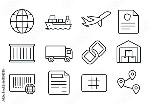Freight Logistics Icons. Outline icon set of international freight logistics: globe icon, cargo ship, airplane