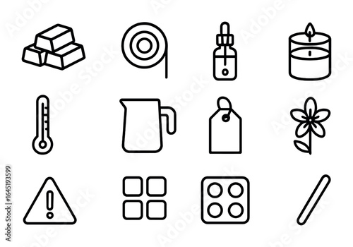 Candle Making Icons. Outline icon set of candle making kits: wax blocks, wick roll, fragrance bottle, candle