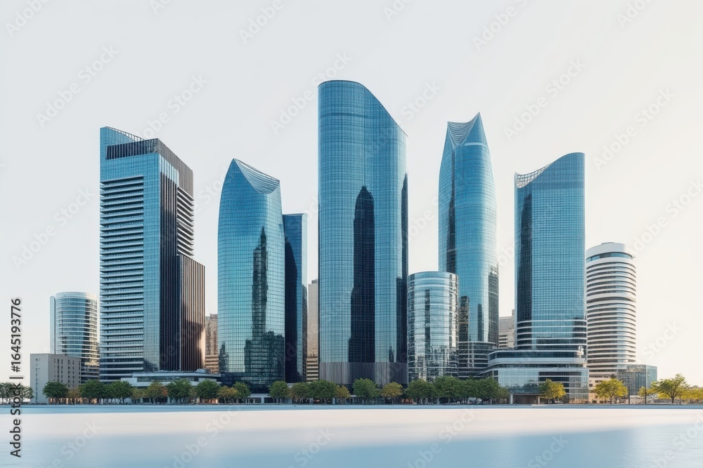 Naklejka premium Modern city skyline with tall glass skyscrapers and reflective water