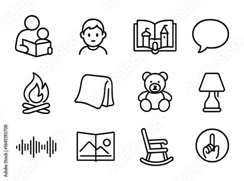 Family Storytime Icons. Outline icon set of family storytelling: parent reading, child listener, fairytale