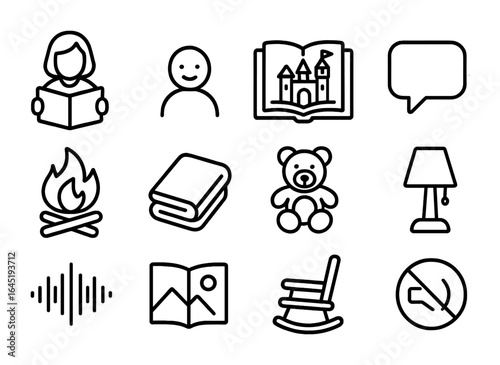 Family Storytime Icons. Outline icon set of family storytelling: parent reading, child listener, fairytale
