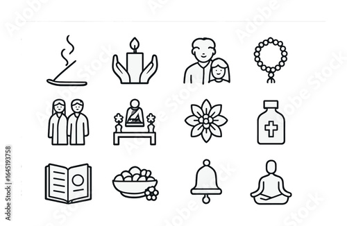 Shared Ritual Icons. Outline icon set of shared cultural rituals: incense holder, shared candle, couple in