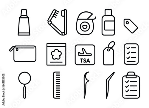 Dental Travel Kit Icons. Outline icon set of dental care travel kit: mini toothpaste, foldable brush, floss
