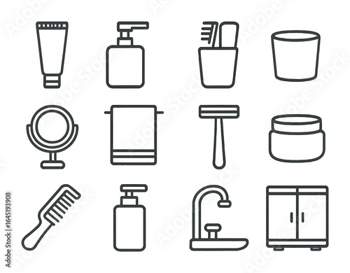 Bathroom Essentials Icons. Outline icon set of bathroom counter essentials: toothpaste tube, hand soap,