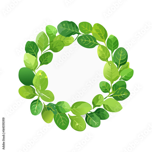 A circular wreath or frame made entirely of fresh spinach leaves.