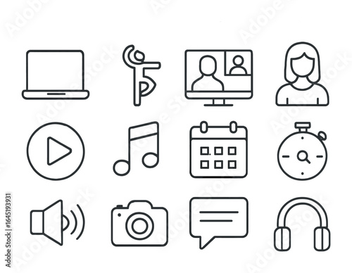 Virtual Dance Class Icons. Outline icon set of virtual dance classes: laptop screen, dance pose, video call,