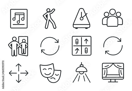 Choreography Icon Set. Outline icon set of choreographing online: notes sheet, pose outline, tempo marker,
