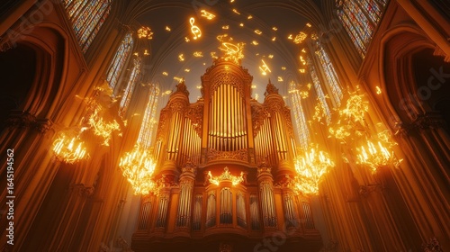 Golden pipe organ, glowing notes, church interior.