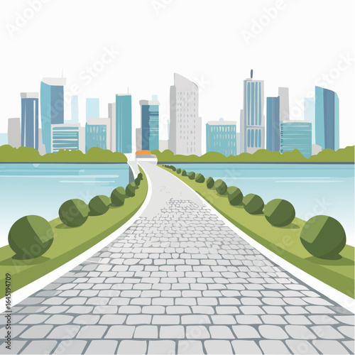 Autumn city park with road near the river and city buildings street lights handrail near the river
4
