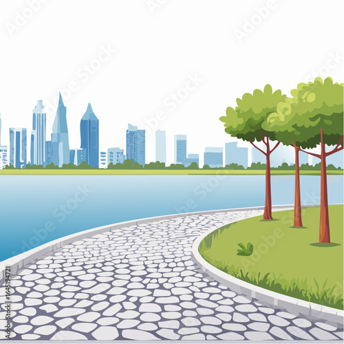 Autumn city park with road near the river and city buildings street lights handrail near the river
3