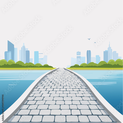 Autumn city park with road near the river and city buildings street lights handrail near the river
1