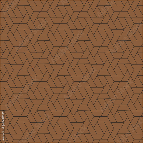 Geometric Hexagon Pattern Background or Brown Geometric Pattern with Interlocking Shapes. A geometric pattern composed of hexagons and other interlocking shapes, set against a brown background.