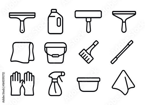 Window Cleaning Essentials. Outline icon set of window washing essentials: squeegee, detergent bottle,
