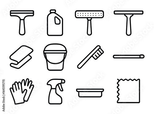 Window Cleaning Essentials. Outline icon set of window washing essentials: squeegee, detergent bottle,