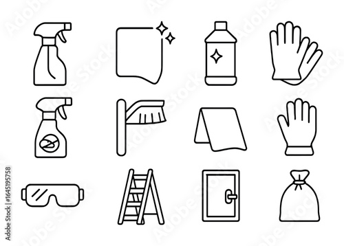 Household Glass Care Icons. Outline icon set of household glass care: spray bottle, lint-free cloth, blade