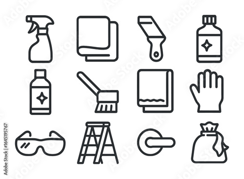 Household Glass Care Icons. Outline icon set of household glass care: spray bottle, lint-free cloth, blade