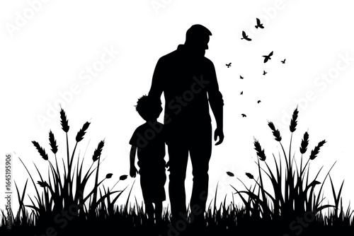 Silhouette of a father and son walking in a field with birds flying above