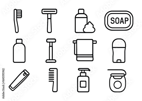 Daily Hygiene Icons. Outline icon set of daily hygiene tools: toothbrush, razor, shaving foam, soap, shampoo,