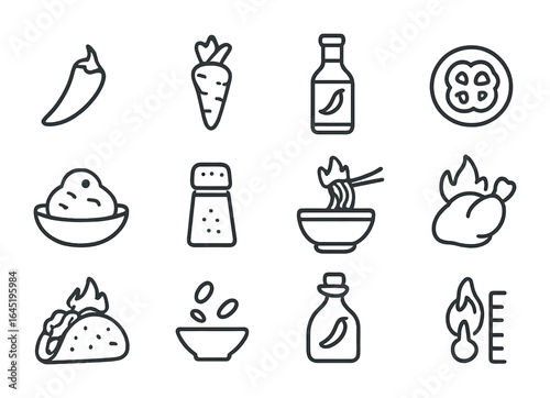 Spicy Flavor Icons. Outline icon set of spicy fusion flavors: chili pepper, wasabi root, hot sauce, jalapeño
