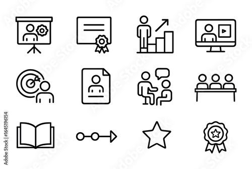 Employee Development Icons. Outline icon set of employee development: skill training, certification icon,