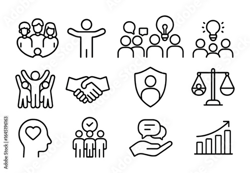 Inclusive Leadership Icons. Outline icon set of inclusive leadership: diversity icon, open arms, equal voice,