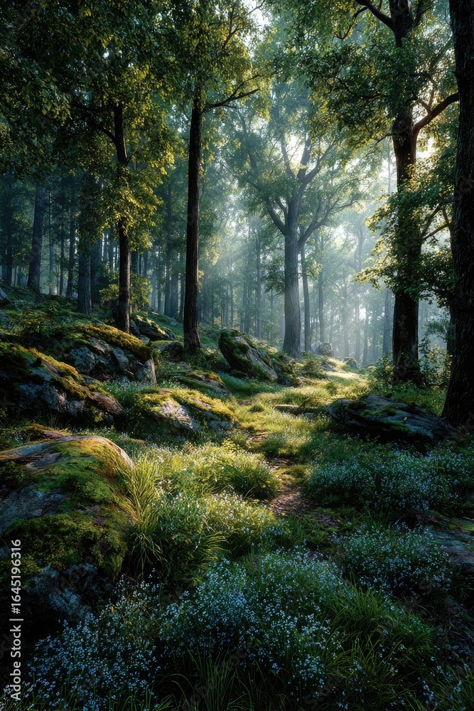 Obraz premium Sunlight filtering through a misty forest. Lush greenery, mossy rocks, and tiny blue flowers carpet the forest floor