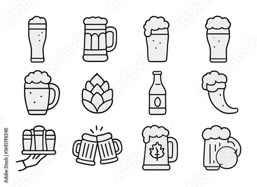 Oktoberfest Beverage Icons. Outline icon set of Oktoberfest beverages: lager glass, stein handle, dark beer,