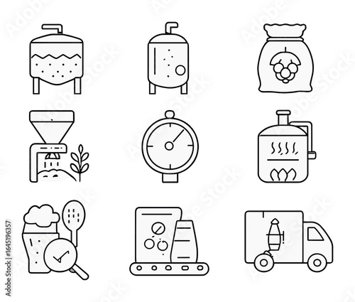 Beer Brewing Icons. Outline icon set of beer brewing process: mash tun, fermentation vat, hops sack, grain