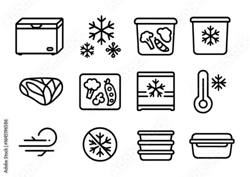 Home Freezing Icons. Outline icon set of freezing food at home: deep freezer, ice crystals, freezer-safe