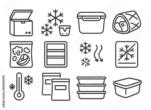 Home Freezing Icons. Outline icon set of freezing food at home: deep freezer, ice crystals, freezer-safe