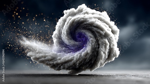 Cosmic cloud nebula with deep purples and star-like sparkles swirling in an abstract spiral