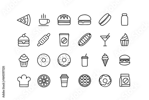 Vector art of collection of delicious food and drink icons, including burgers, coffee, pizza, ice cream, donuts, cupcakes, and more, perfect for menus, websites, and apps, isolated