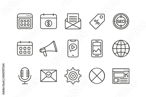 Vector art of set of digital marketing and business icons, including calendar, seo, email, tags, social media, mobile phones, and website elements, representing online strategy and promotion, isolated