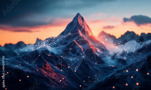 Hologram-style mountain peak symbolizing the pinnacle of success and achievement in the digital transformation era. The image represents innovative strategies and the drive, Generative AI