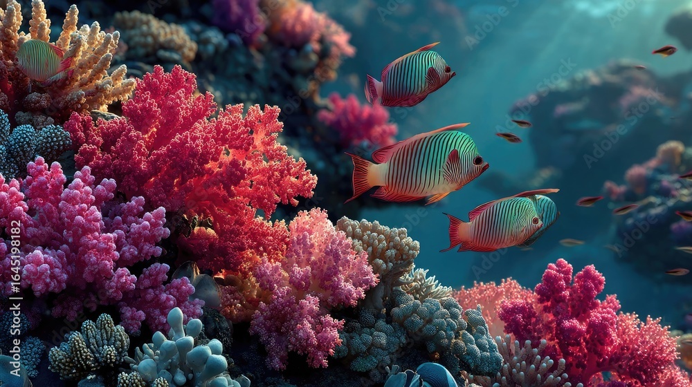 Fototapeta premium Vibrant Coral Reef with Colorful Fish in Underwater Scene