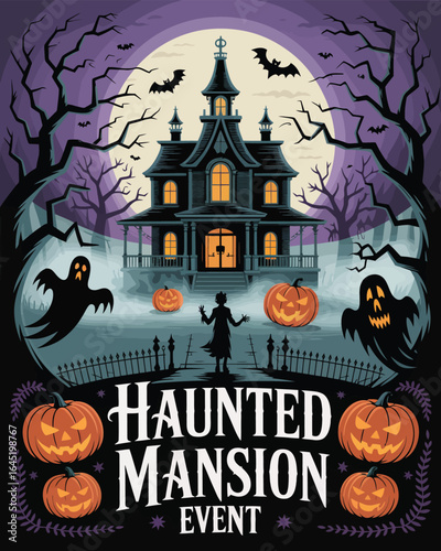 Spooky Mansion Shrouded in Mist with Jack-O'-Lanterns and Spirits