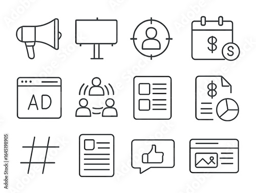 Media Campaign Icons. Outline icon set of media campaigns: loudspeaker, billboard, target audience, campaign