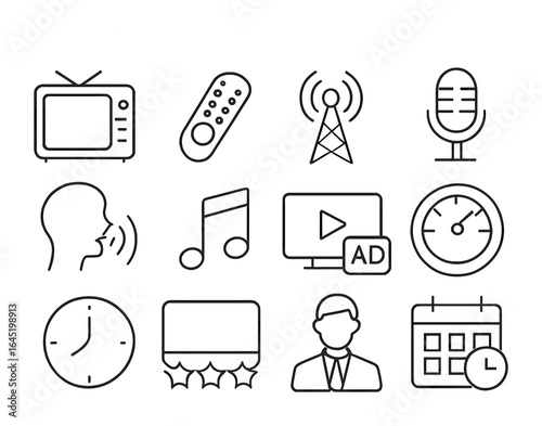 Broadcast Icons Grid. Outline icon set of TV and radio advertising: TV screen, remote icon, broadcast tower,