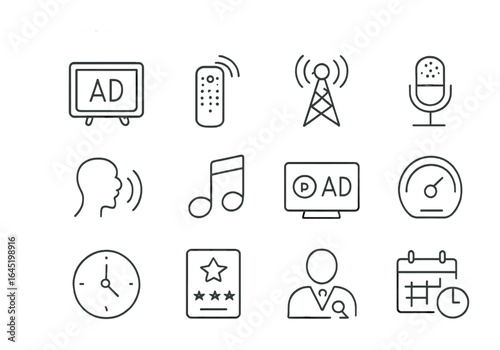 Broadcast Icons Grid. Outline icon set of TV and radio advertising: TV screen, remote icon, broadcast tower,