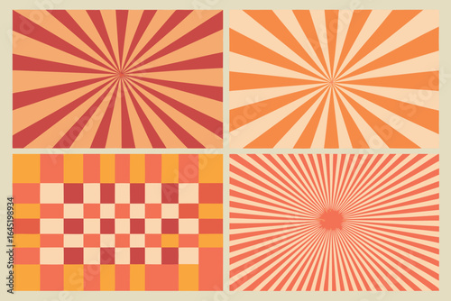 Abstract retro orange and red color palette burst and checkered patterns design for backgrounds